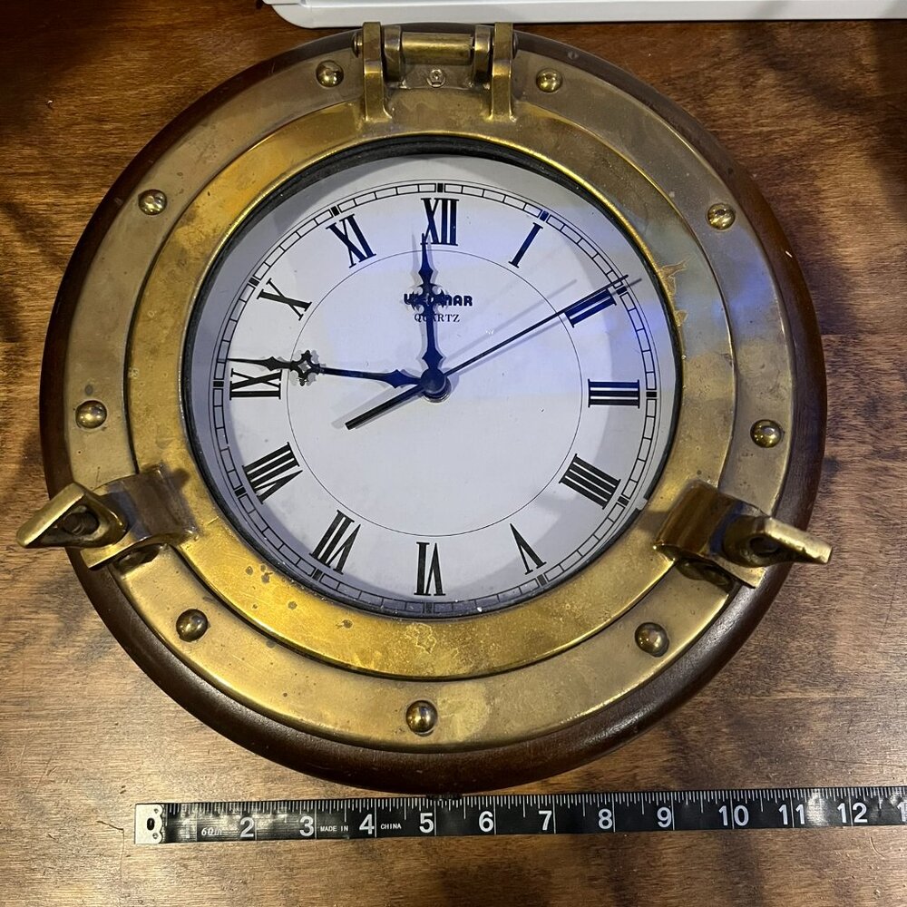 Vintage Quartz Nautical Porthole Hanging Clock. Wood And Brass